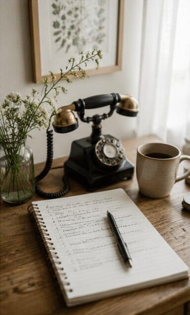 A vintage black rotary telephone on a wooden desk next to an open notebook, pen, and hot cup of coffee
