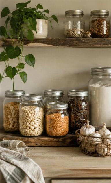 Glass storage jars filled with dried beans, lentils, and garlic on rustic wooden pantry shelves