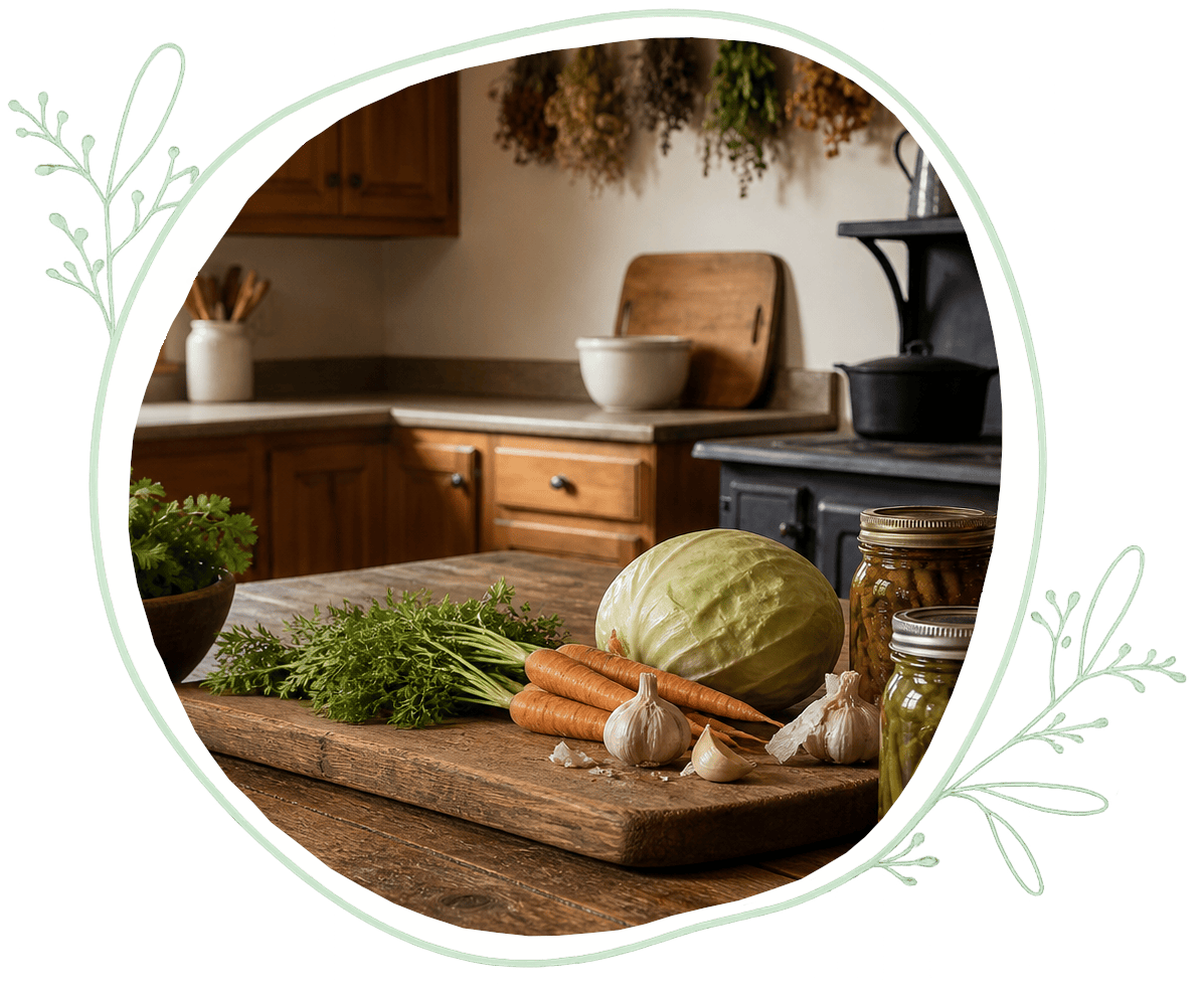 Fresh cabbage, carrots, garlic, and home canned jars on a rustic wooden kitchen island with a traditional stove in the background