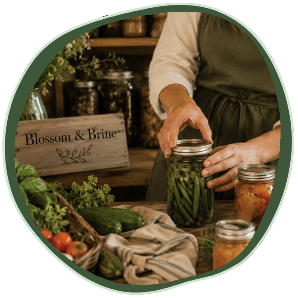 A homesteader canning fresh green beans in a glass mason jar next to a wooden Blossom and Brine brand sign