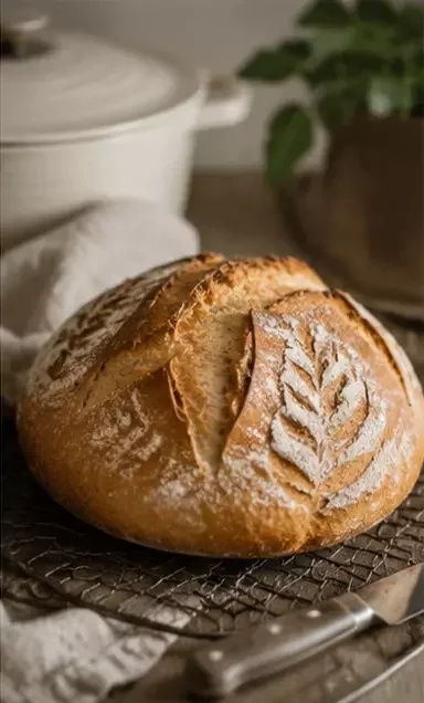 A freshly baked loaf of homemade sourdough bread with a decorative wheat stalk score pattern on a cooling rack
