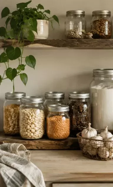 Glass storage jars filled with dried beans, lentils, and garlic on rustic wooden pantry shelves