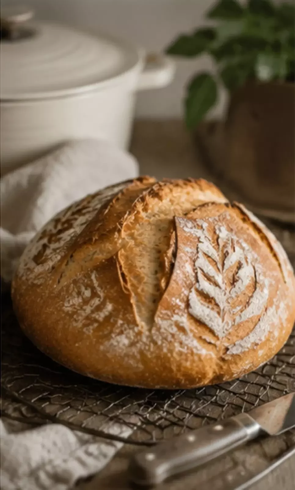A freshly baked loaf of homemade sourdough bread with a decorative wheat stalk score pattern on a cooling rack