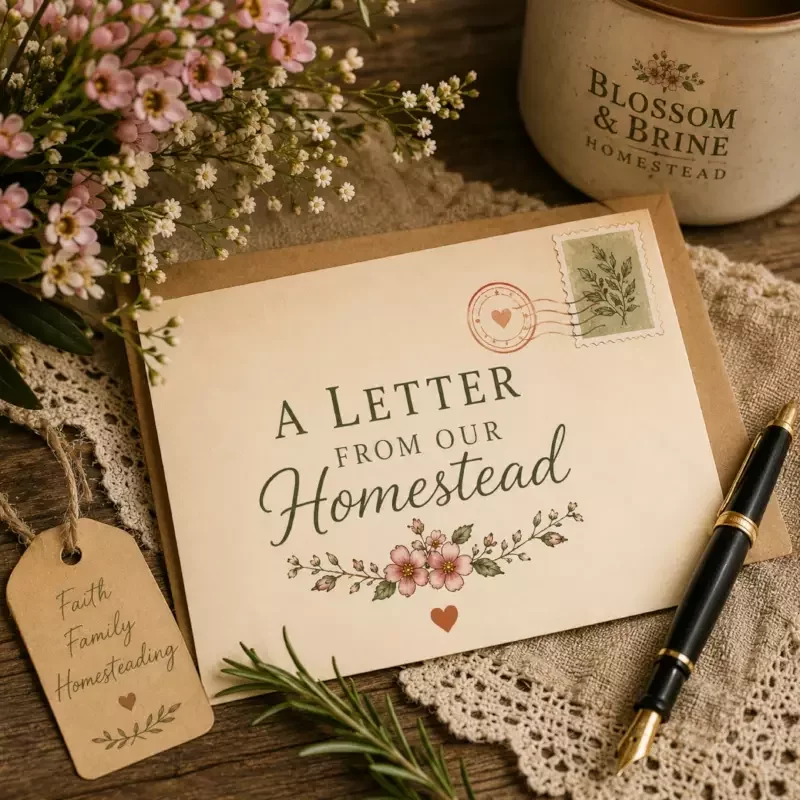 A rustic flat lay featuring a brown kraft paper envelope with an elegant card reading 'A Letter From Our Homestead' surrounded by dried baby's breath flowers, a vintage ink pen, and a ceramic Blossom & Brine mug.