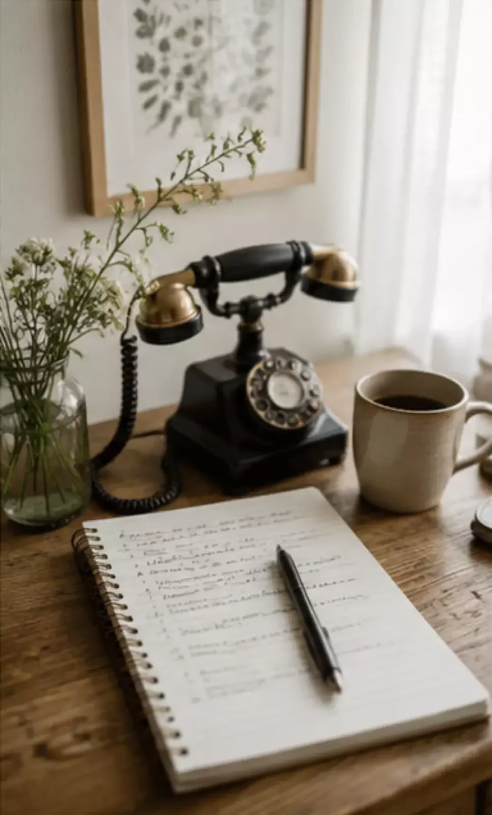A vintage black rotary telephone on a wooden desk next to an open notebook, pen, and hot cup of coffee