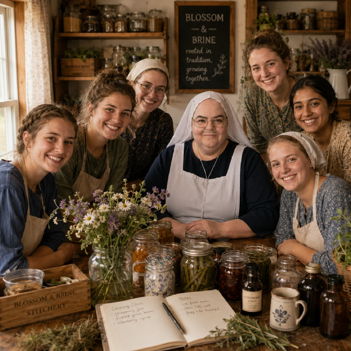 A group of smiling women gathered around a rustic wooden table for a homesteading class. An Amish woman in a traditional white head covering and apron sits in the center, surrounded by mason jars of home-canned food, a vase of wildflowers, and an open notebook, with a 'Blossom & Brine' chalkboard sign on the wall behind them.