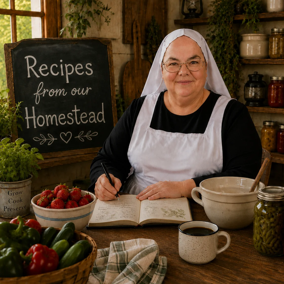 An Amish woman smiling in a rustic farmhouse kitchen, wearing a traditional white kapp head covering and white apron, surrounded by glass mason jars filled with colorful canned fruits and vegetables on wooden shelves.