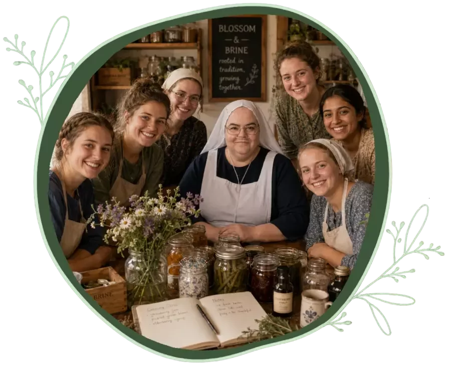 A group of smiling women gathered around a rustic wooden table for a homesteading class. An Amish woman in a traditional white head covering and apron sits in the center, surrounded by mason jars of home-canned food, a vase of wildflowers, and an open notebook, with a 'Blossom & Brine' chalkboard sign on the wall behind them.