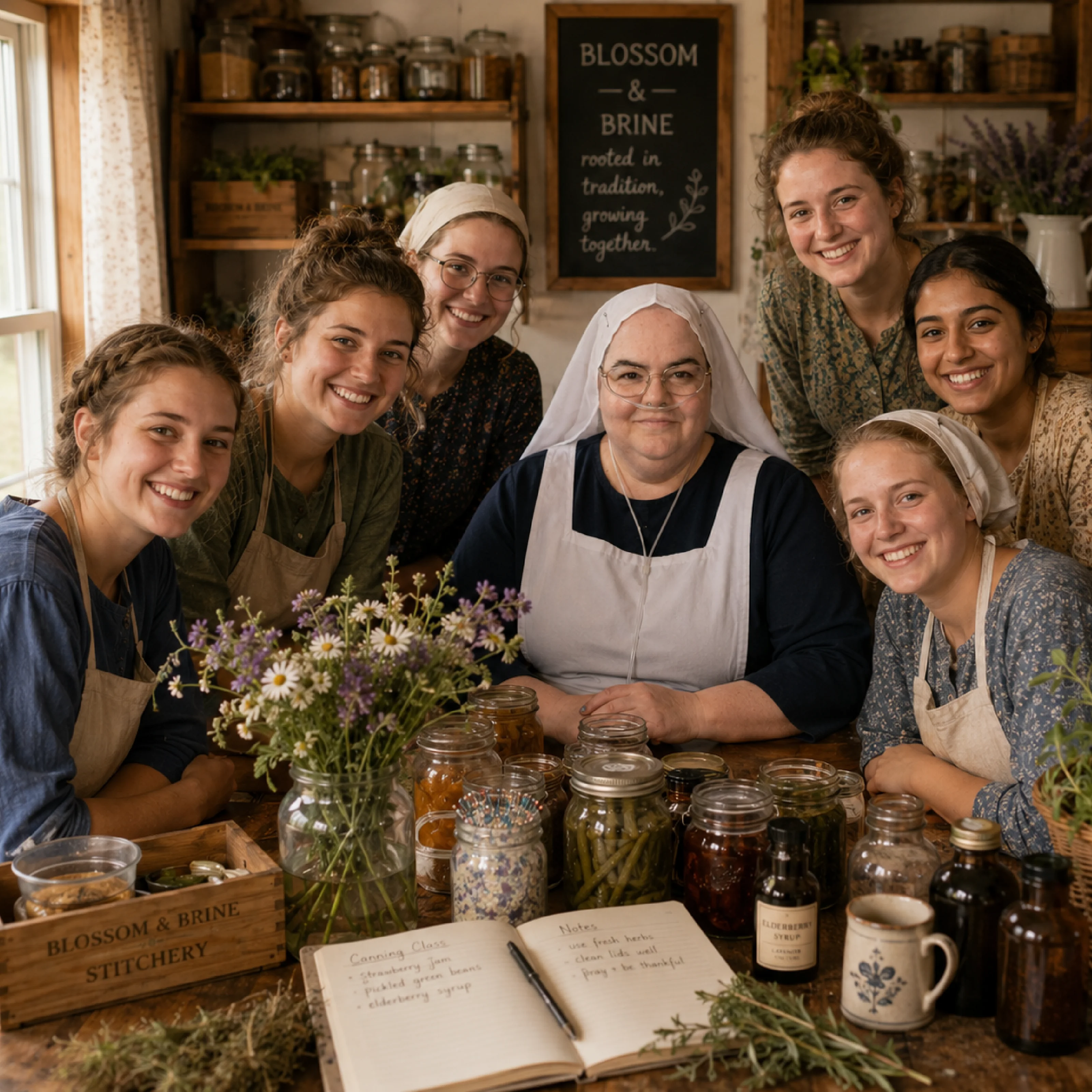 A group of smiling women gathered around a rustic wooden table for a homesteading class. An Amish woman in a traditional white head covering and apron sits in the center, surrounded by mason jars of home-canned food, a vase of wildflowers, and an open notebook, with a 'Blossom & Brine' chalkboard sign on the wall behind them.